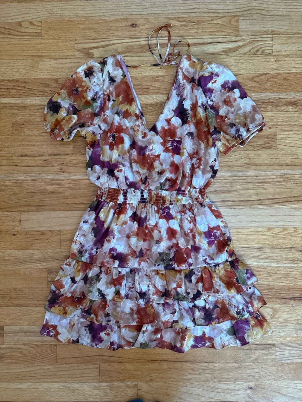 BCX Floral V-Neck Tiered Mini Dress in White, Purple, Rust